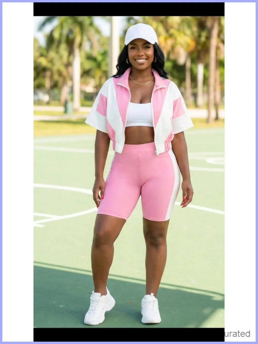 2 Piece Summer Tracksuit Color Block Short Sleeve Full Zip Cropped Jacket